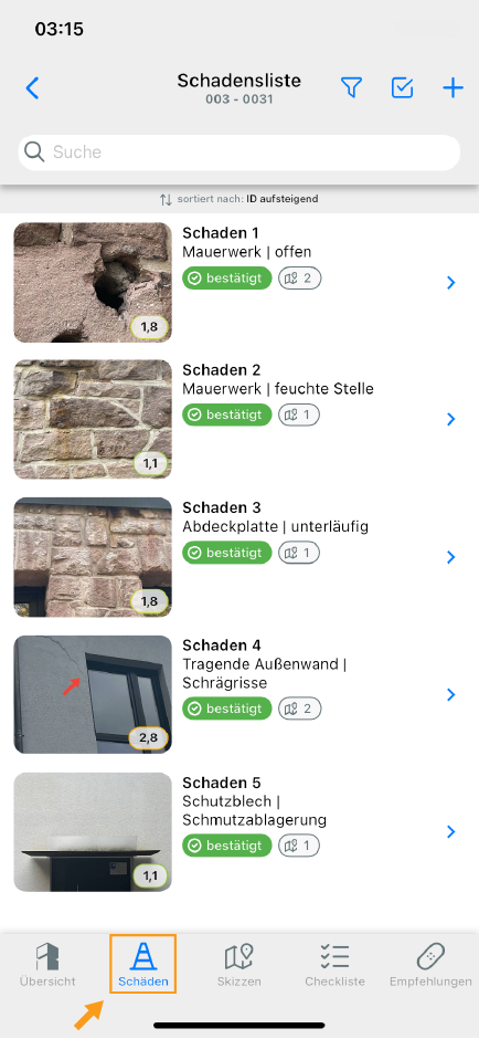Schadensliste öffnen